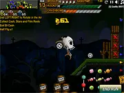 Car launching over a haunted ramp in the Stunt Crazy Trick or Treat Pack 2 online game, with Halloween pumpkins and explosions