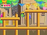 Frog Crazy Adventure online game screenshot showing a cartoon frog leaping over obstacles in a cute, multi-level puzzle