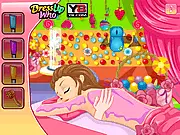Screenshot of Candy Land Spa Makeover game showing a girl enjoying a back massage with sweet-themed products and hot candy stones
