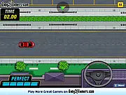 Screenshot of Parking Frenzy gameplay showing a car attempting a difficult parallel parking maneuver in a crowded, urban parking lot.