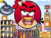 Screenshot of the Angry Birds Dentist game interface showing Red Bird in a dentist chair with dental tools