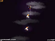 Screenshot of Witch Run showing a young witch character running from demons in a dark fantasy environment.