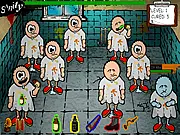 Screenshot from Bedlam showing a stylized Victorian mental hospital room with bizarre patients and a hurried attendant.