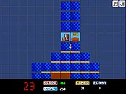 De Toren game screen showing a character moving up a tiled tower level with a timer visible