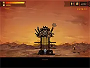 Steampunk Tower defense game online screenshot showing a large tower with mounted cannons fighting ground troops