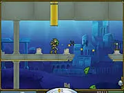 Steampunk combat robot character from Atlantis Defender standing guard next to an upgraded tower defense turret against a backdrop of deep-sea ruins