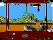 A large industrial crane operated by the player carrying a load of black coal over a large crusher pit in the free online game Crane Simulator XP