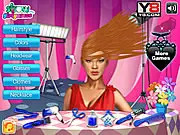 A woman with fantasy-style hair being styled by a fashionable barber named Mina in the Rihanna Fantasy Haircuts online dress-up game