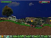 A military Jeep driving over a hilly, obstacle-filled terrain with a visible bomb in the foreground, in the game Explosive Race.