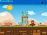 Gameplay screenshot of Angry Animals 3 Online showing a slingshot loaded with a cartoon animal aiming at a structure made of wood and stone blocks.