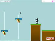 Gameplay screenshot of Super Football 9000, showing a football bouncing past a cartoon shark and a giraffe holding a trumpet on a surreal green field.