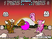 A screenshot of the 2-player arcade game Balloon Gods, showing two minotaur characters trying to hit a balloon while an explosive trap (a bomb) hovers between them.
