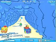 Gameplay image of Space Punk Racer, showing a futuristic hover-hybrid vehicle with a punk driver racing at high speed against other rivals on a space-themed track.