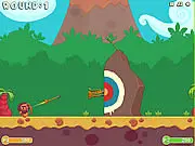 Two prehistoric archers competing in the B.C. Bow Contest 2-player game, aiming a stone arrow at a target