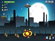 Gameplay screenshot of the free online game Outer Invasion showing alien aircraft or units destroying buildings on Earth