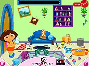 Screenshot of Dora's Messy Room Cleanup game showing a girl sorting toys and clothes in a cluttered bedroom