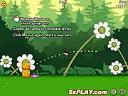 Gameplay screenshot of Gluttonous Spider, showing a cute spider hanging by a thread and swinging towards a collection of colorful, sweet candy in a forest setting.