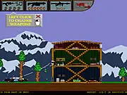 Gameplay screenshot of the free online shooter Chocolate Rambo, showing a pixelated character defending a barricaded house from police with a gun.