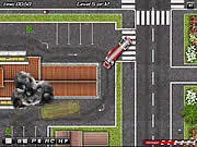 Fire Truck Rescue online game screenshot, red Firefighters Truck driving through a city street with sirens blaring, emergency driving free game.