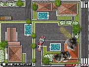 Fire Truck Rescue 2 online game screenshot, large red Firefighters Truck driving at high speed through a city street, emergency driving mission.