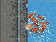 Screenshot of Piranha Chase game showing a small yellow duck being chased by a swarm of sharp-toothed piranhas in the water