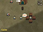 Rocket Tactics free online puzzle game screenshot - agent launching rocket to save hostages from a destroyed building