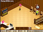 Erin serving a customer in her busy, well-stocked bookshop in the free online management game Erin's Big Bookstore