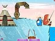 Blue the penguin chasing a fish trail across the icy Antarctic ocean in the free online game Fish Rush