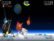 Astroman free online space scavenger game screenshot showing a spaceship collecting falling stars in a dark cosmos.