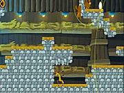 Omelette online game screen showing a character platforming to collect a golden egg while avoiding a dangerous obstacle or a chicken