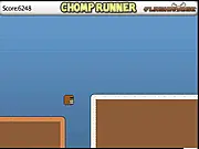 Chomp Runner online game screenshot showing a cartoon character sprinting across platforms with a dark gap below, highlighting the horizontal running challenge