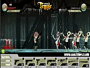 Live Or Undead online game screen showing a lone survivor character aiming a gun at a group of approaching zombies in a desolate, post-apocalyptic setting