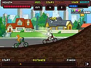 Tom and Jerry characters racing each other on BMX dirt bikes over cartoon-style ramps and obstacles