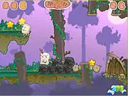 Two cartoon marshmallows, one big and one small, working together to move a heavy rock in a jungle-themed co-op puzzle game with a glowing exit door nearby.