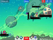 Screenshot of the People on my lawn game showing a top-down view of a field with magnets and a rocket trajectory line aiming for invaders