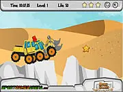 Screenshot of the Truck Desert Racing game showing a large yellow construction vehicle kicking up dust while racing rivals on a bumpy desert track