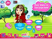 Cerise Hood character from a cooking game preparing wood chocolate pretzel treats recipe on PlayArcadeHub