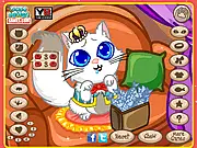 Cute Kitten Maker game screenshot showing the customization interface and a stylized kitten with a patterned coat and a tiny hat.