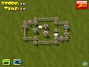 Nano Farm free online game screenshot showing two identical cartoon sheep clones running across a platforming level with hazards