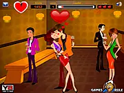 Screenshot of two characters secretly sharing a kiss at a table during a festive Thanksgiving holiday gathering
