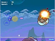 UFO Clash game screenshot showing a flying saucer shooting lasers at alien ships and asteroids in a space environment.