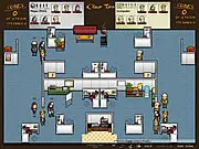 HRmageddon gameplay screenshot showing two teams of office workers fighting over cubicles in a turn-based strategy war.