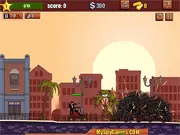 Screenshot of the free online action racing game Mobster Roadster showing an armed car shooting at enemies while driving on an uphill track.