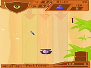 The New Shield Run game screenshot, showing a character running through a level while enemies are shooting and potion icons are visible
