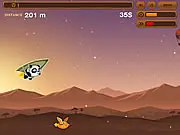 Flying Panda game screenshot, showing a cute panda flying with a jetpack while avoiding obstacles like dark clouds and hostile birds