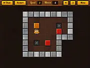 Sokoboom puzzle game screenshot, showing a small character pushing a large square box towards a goal marker within a maze-like grid