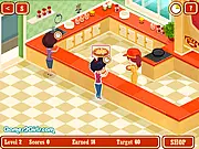 Pizza Joint Chef Online game screen showing a character preparing a pizza with various toppings in a busy restaurant kitchen