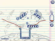 Free online game screen of Scribbles 2 showing a drawn line guiding a circular character towards a basket while avoiding a saw and fixed block obstacles