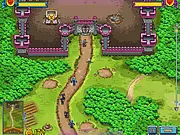 Screenshot of Stormy Castle, showing various defensive towers attacking a horde of monsters in a free online tower defense game