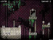 Free online game screen for Pause Ahead showing a main character in a dark, minimalist level surrounded by deadly red spikes and moving platforms